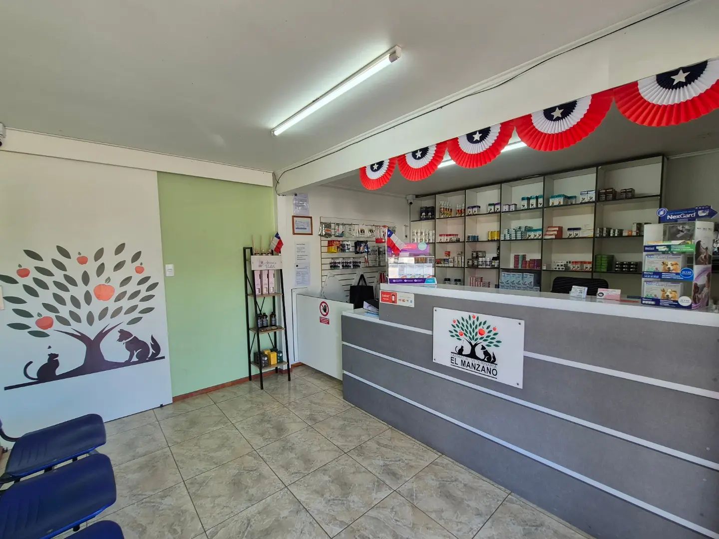 Sala de la veterinaria con el manzano de la marca en el muro
